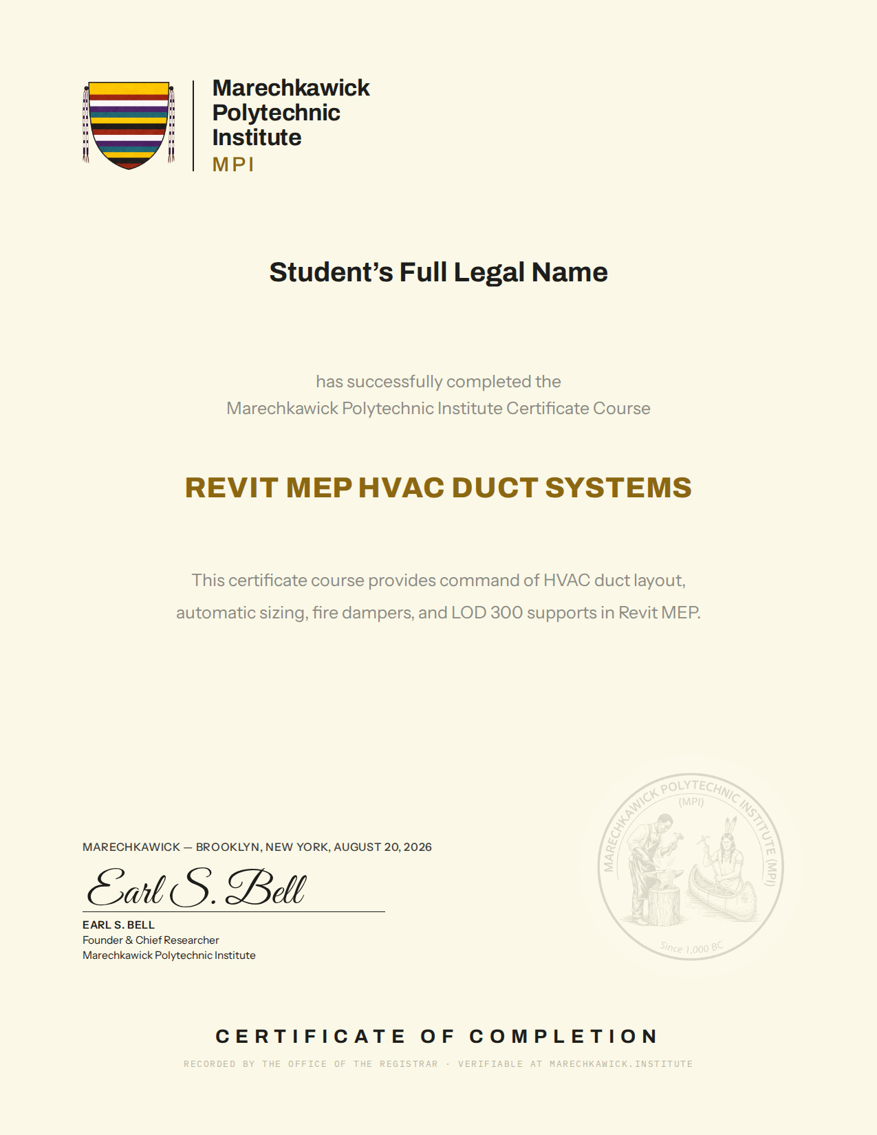 Specimen Certificate of Completion