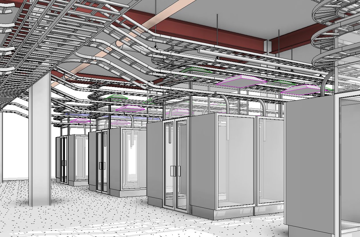 Data center interior — Revit model, server cabinets and cable tray